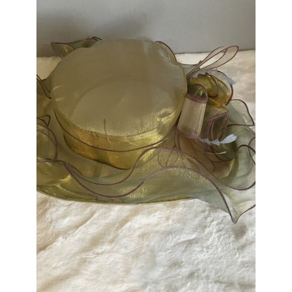 Beautiful Satin Kentucky Derby hat Church Gold Hat Fancy Formal Flower - Picture 6 of 9